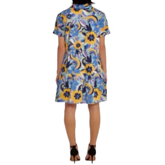 Donna Morgan Vibrant Floral Drop Waist Button-Down Shirt Dress, Sz 4 Blue - Picture 3 of 14